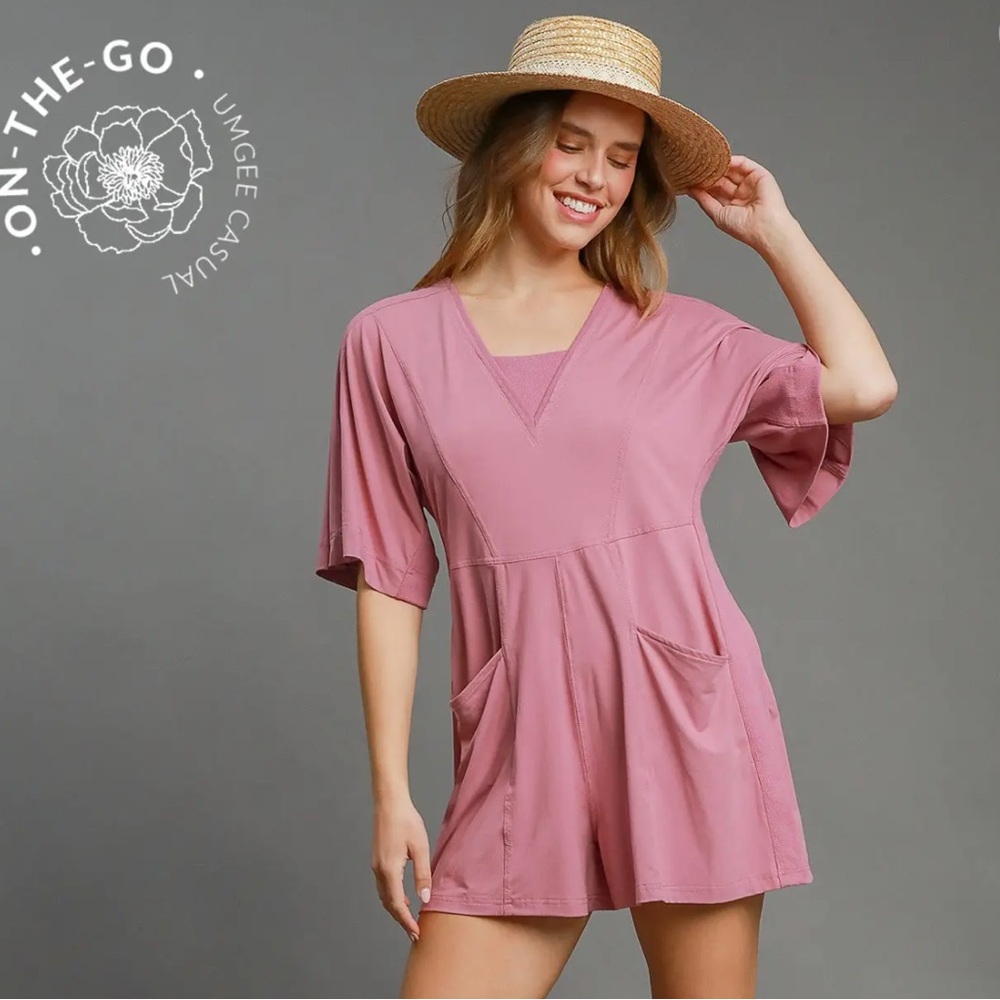 Umgee Dusty Rose Short Sleeve V-Neck Romper with Pockets